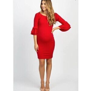 PinkBlush Red Layered Ruffle Sleeve Maternity Fitted Dress​​​